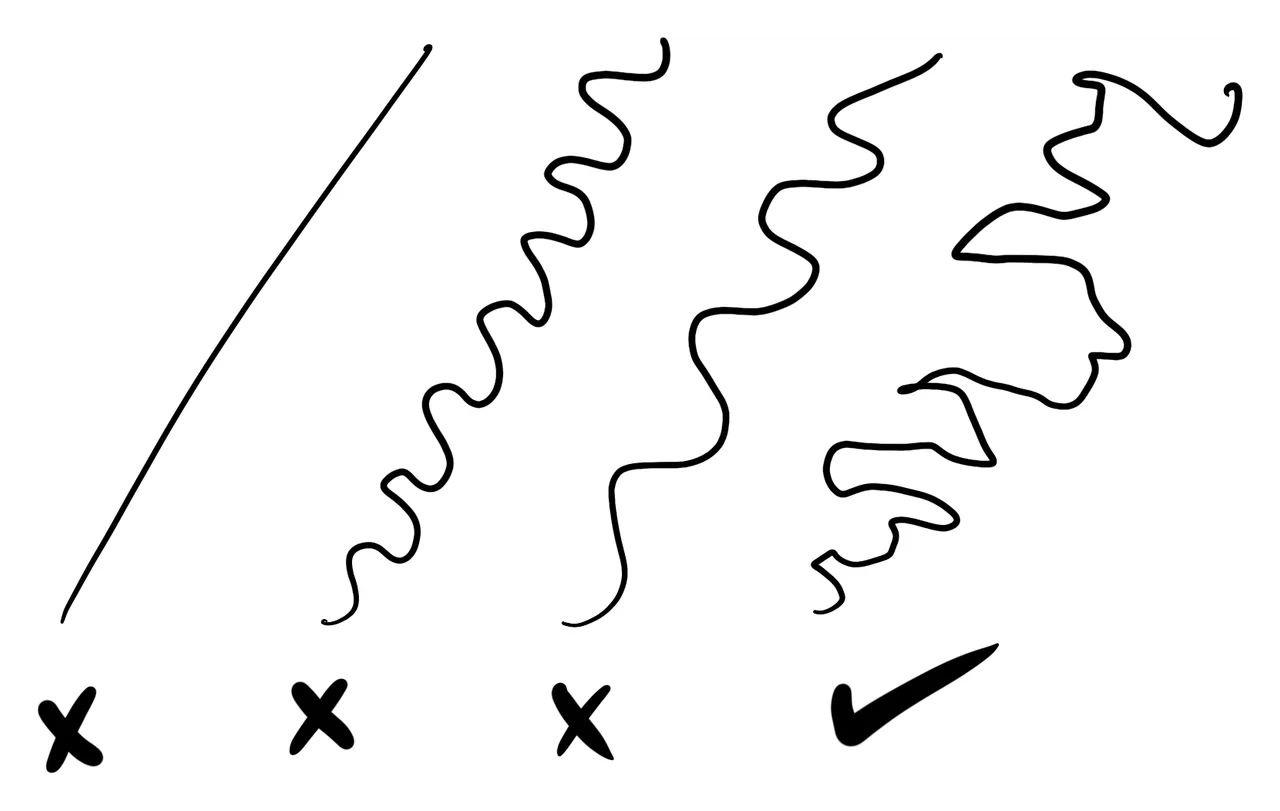 Four hand-drawn lines side by side: a straight one, an evenly looping one and a regular wave, each marked with a cross, and an irregular line with turns of different sizes, marked with a tick