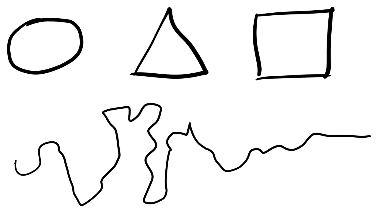 Four hand-drawn marks: a circle, a triangle and a square in a row, and below them a long free line