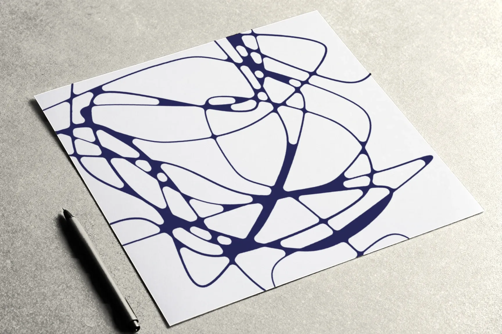 A sheet of lines with every intersection rounded, no colour yet; a pen beside it.