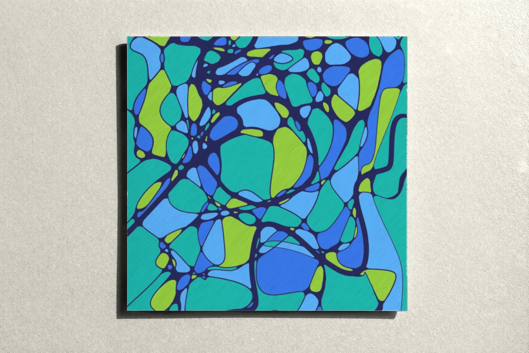 A dense composition from the course in teal, blue and green, its lines running edge to edge.