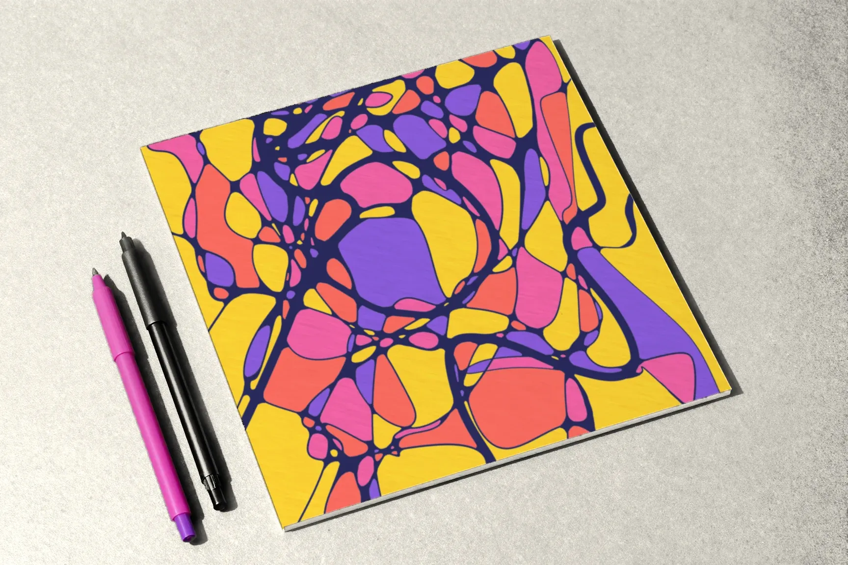 The author’s dense composition in berry colours, a fine-liner and a pink marker beside it.