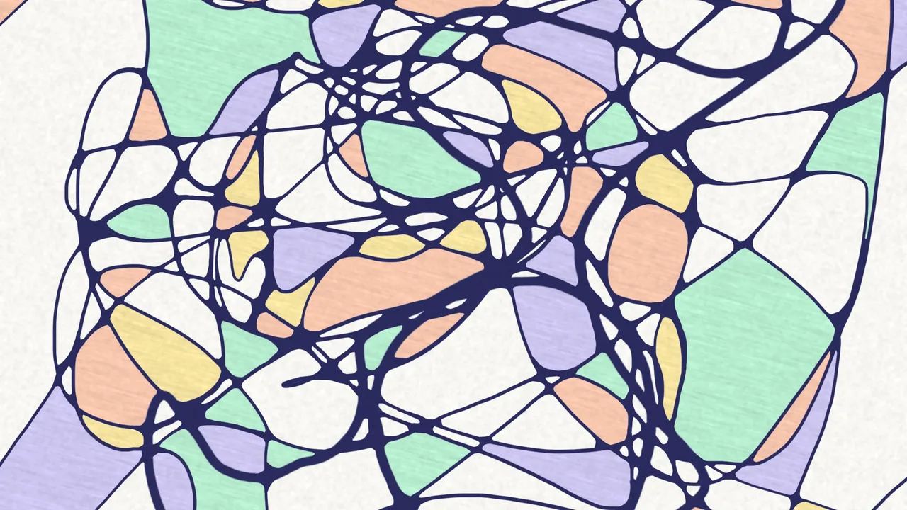 A finished drawing: crossing lines with rounded joins, the cells coloured in pastel.