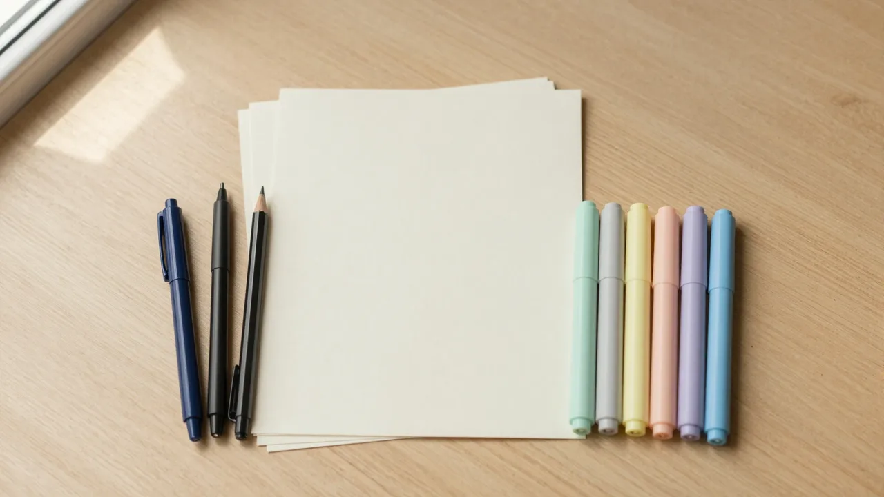 A stack of paper, three pens and six pastel markers laid out on a desk.
