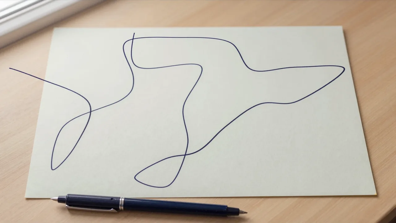 One continuous line looping across a sheet, with a pen beside it.