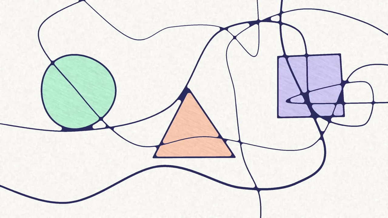 A circle, a triangle and a square sitting on a flowing line, each partly coloured.