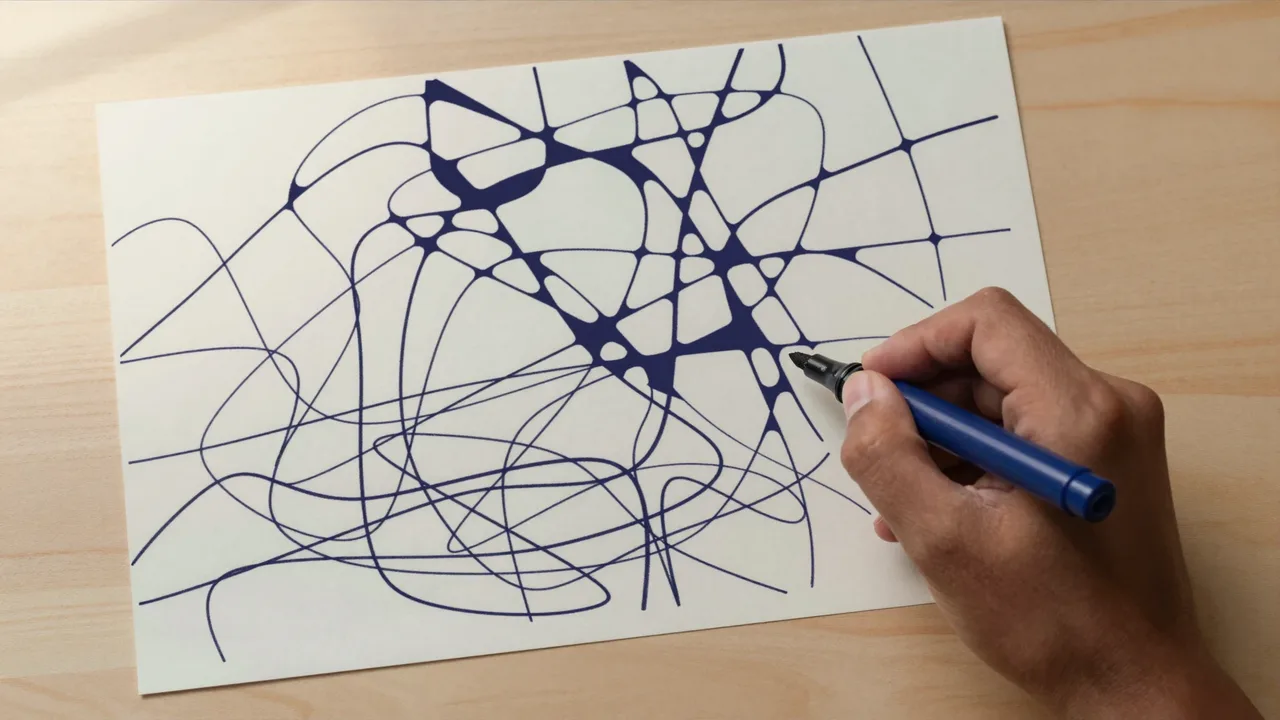 A hand rounding the crossings of a line drawing one at a time.