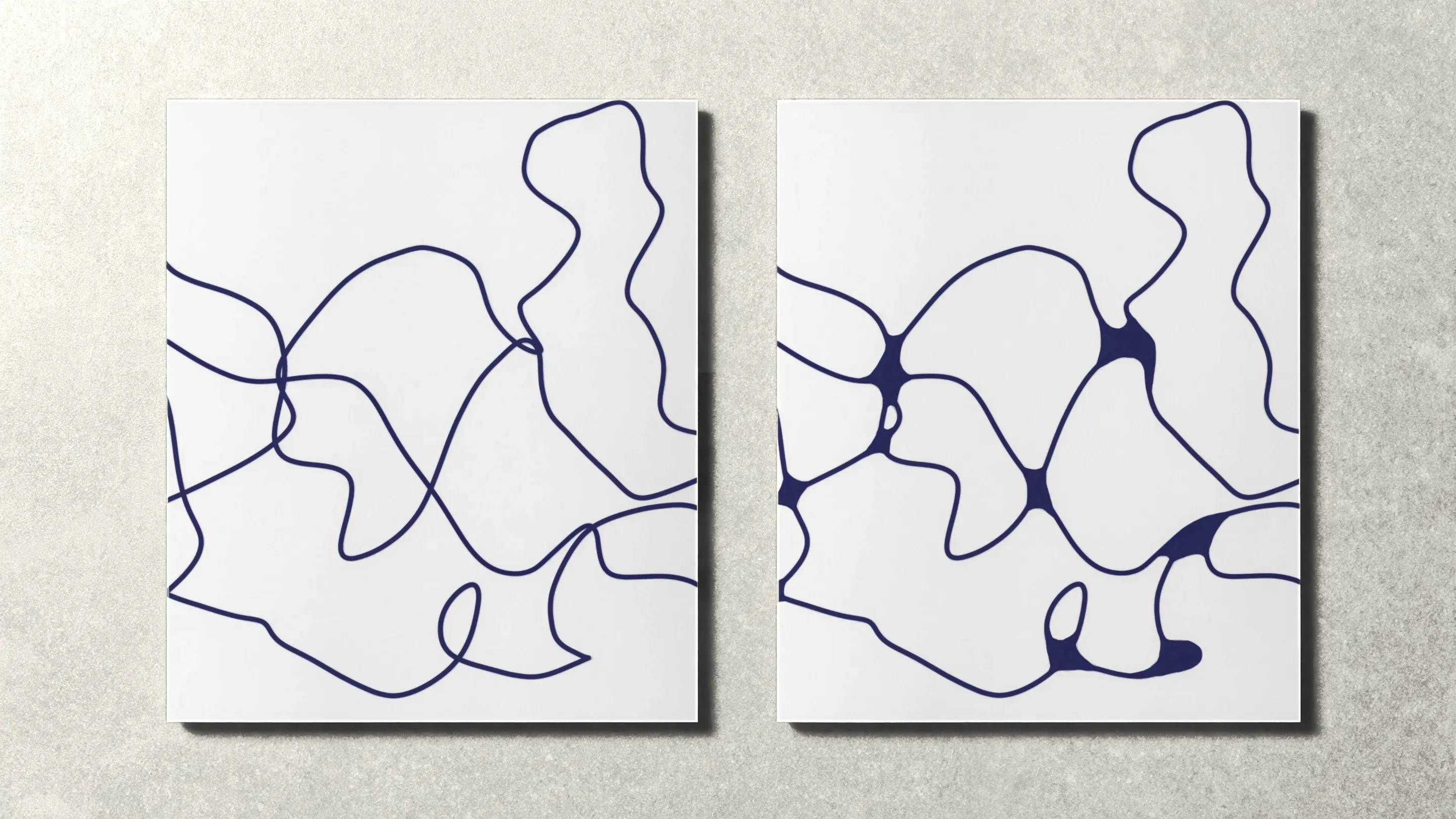 The same lines on two sheets: on the left they cross at sharp corners, on the right every crossing is rounded.