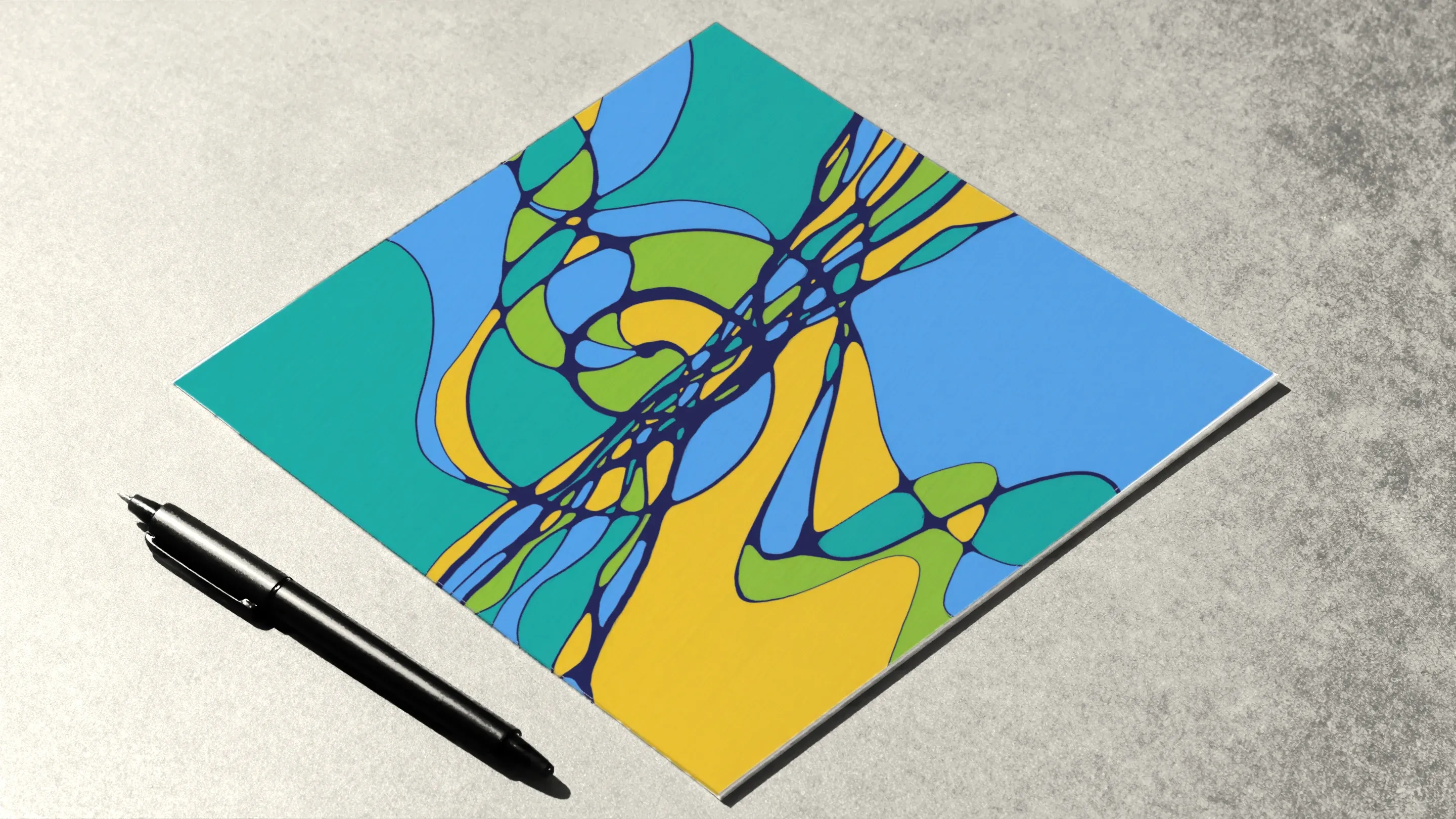 Algorithm 2 finished and coloured in green, blue and yellow, on a sheet lying at an angle beside a pen.