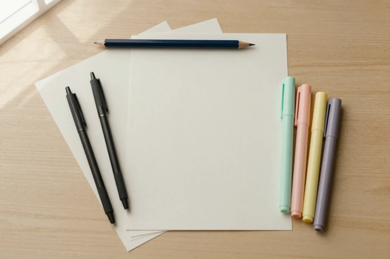 Two sheets of paper, three fine-liners and four pastel markers on a wooden desk.