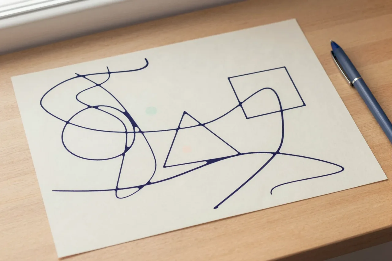 A sheet with a looping line, a triangle and a square drawn in ink.